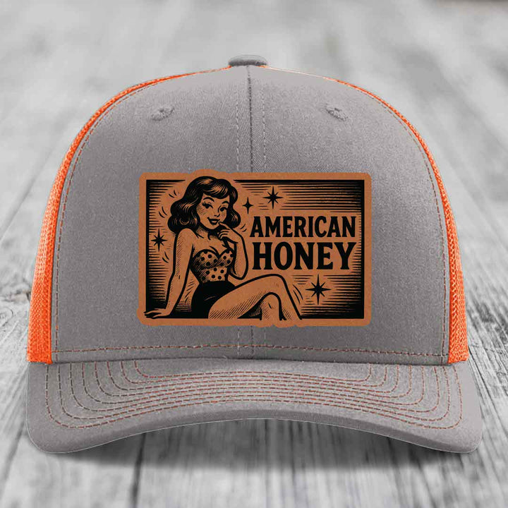American Honey - Leather Patch Hat - Rawhide to Black Patch - Richardson 112 Snapback Trucker Hat