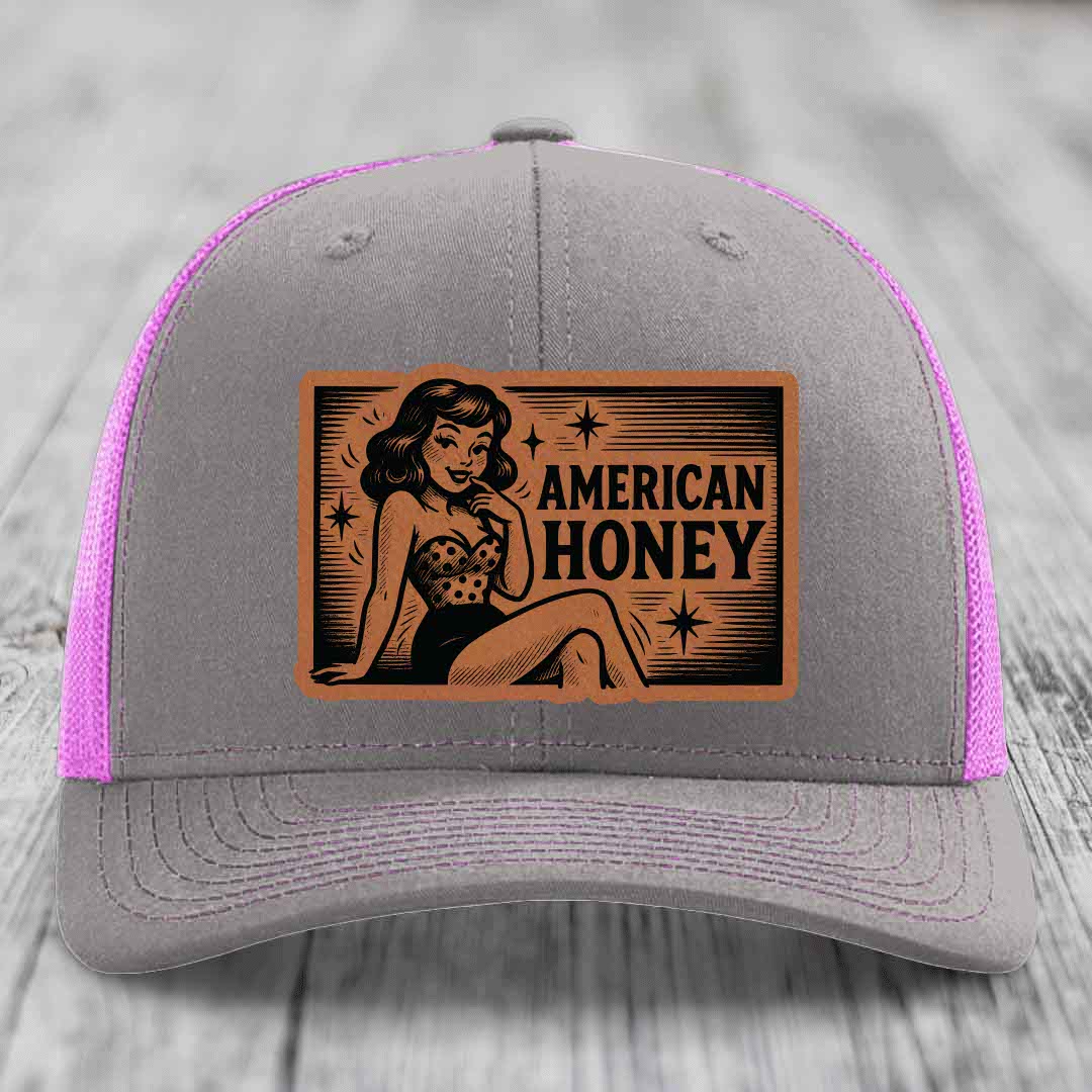 American Honey - Leather Patch Hat - Rawhide to Black Patch - Richardson 112 Snapback Trucker Hat