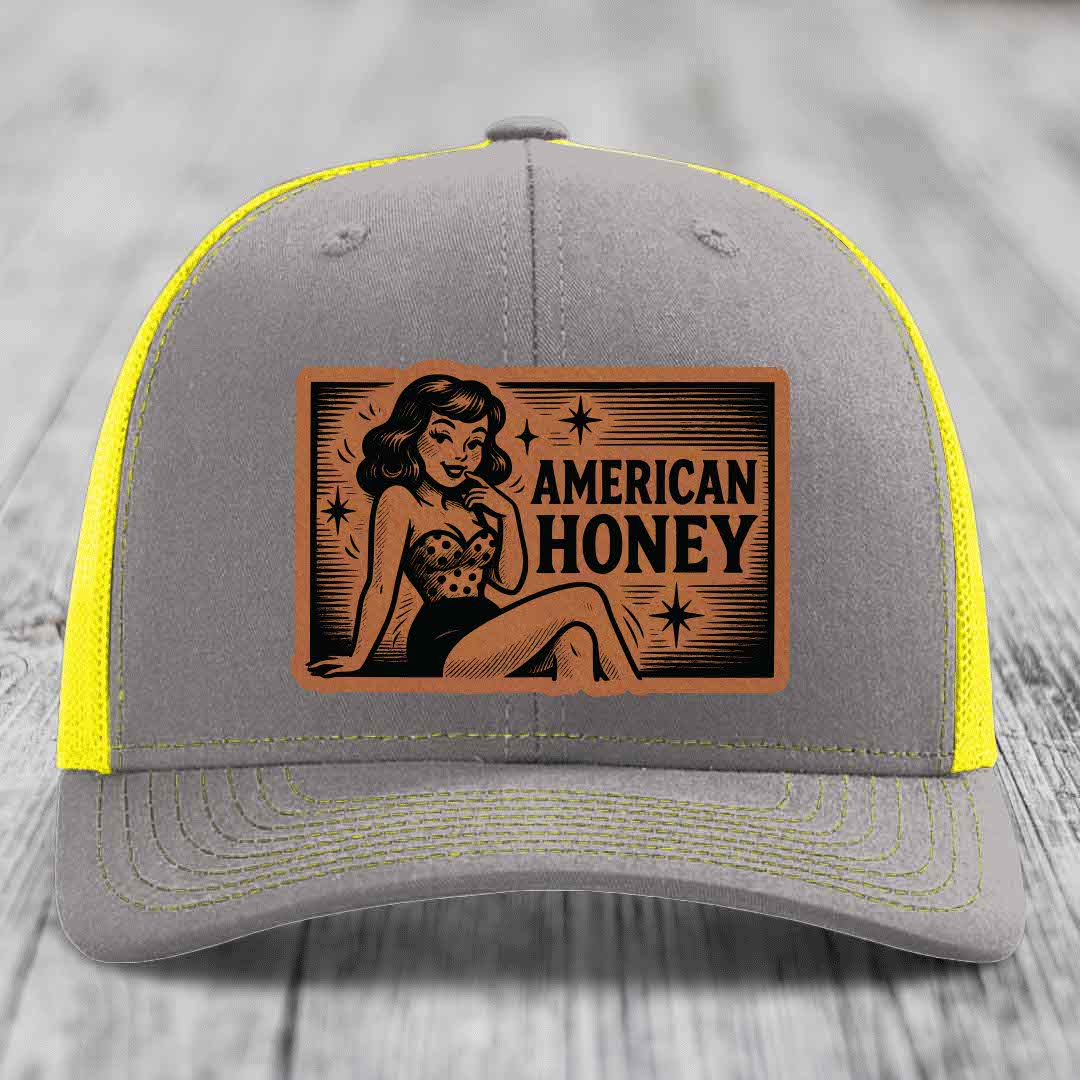 American Honey - Leather Patch Hat - Rawhide to Black Patch - Richardson 112 Snapback Trucker Hat