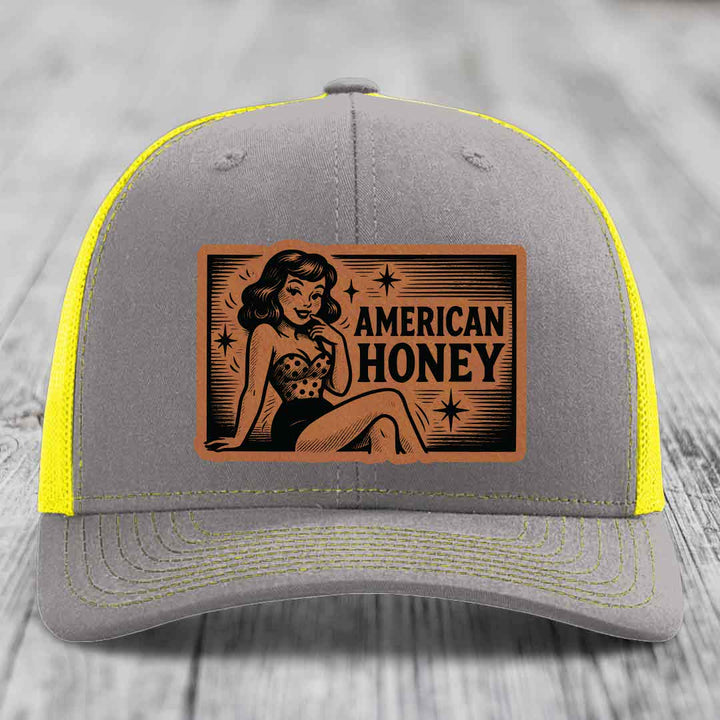 American Honey - Leather Patch Hat - Rawhide to Black Patch - Richardson 112 Snapback Trucker Hat