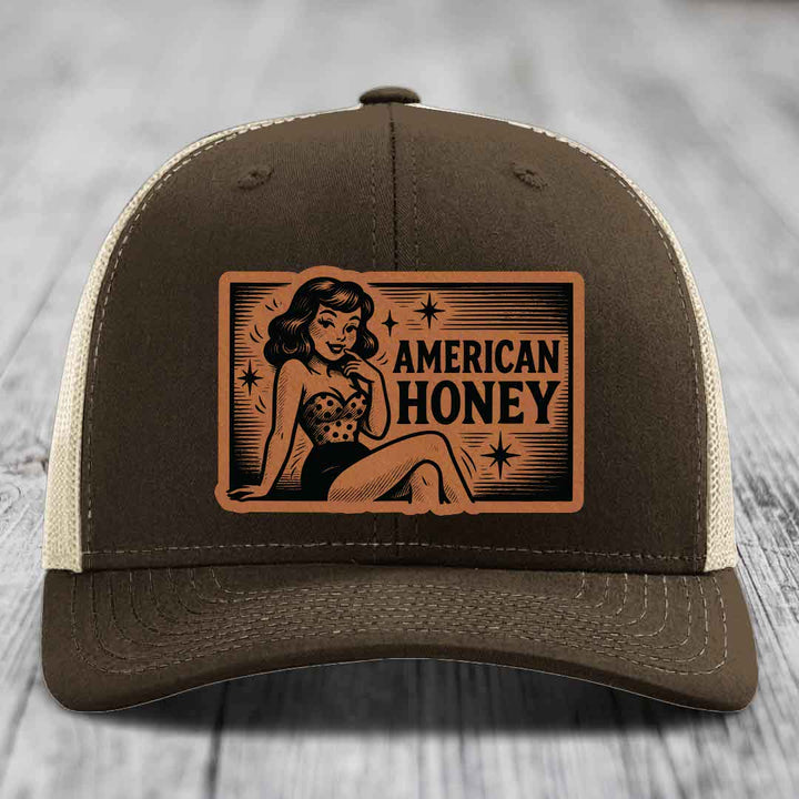American Honey - Leather Patch Hat - Rawhide to Black Patch - Richardson 112 Snapback Trucker Hat