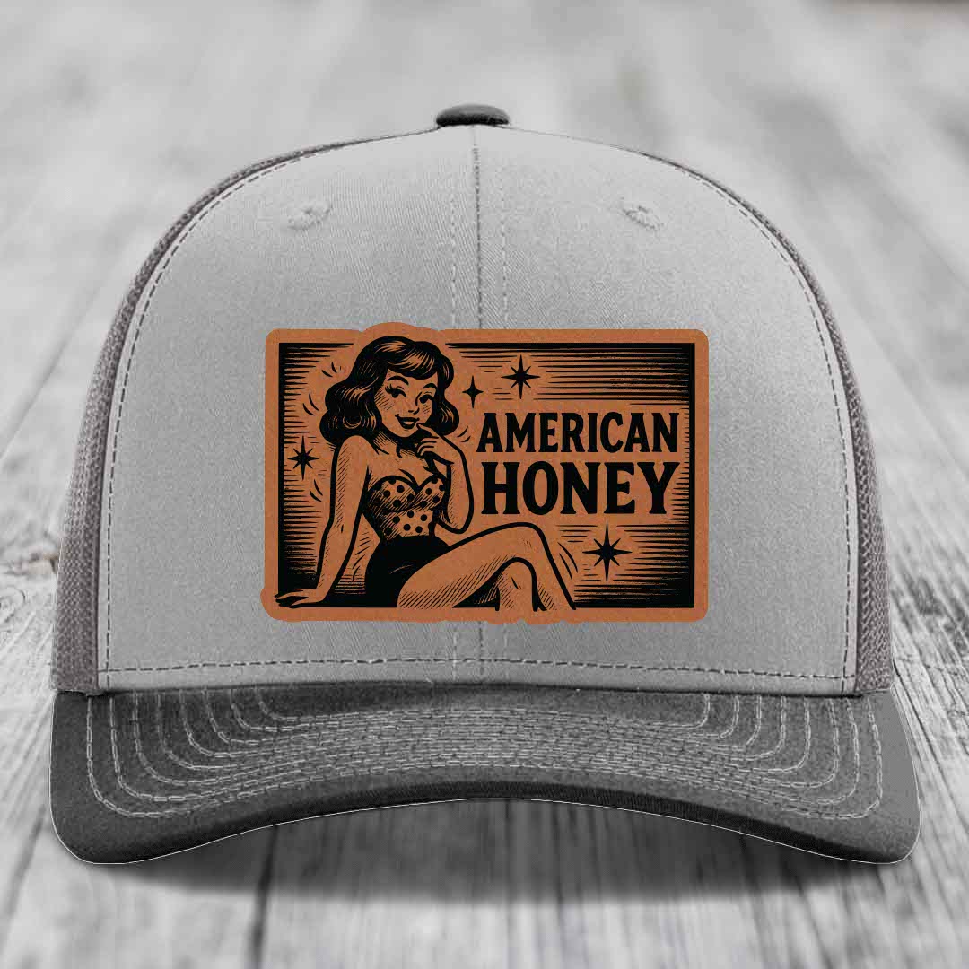 American Honey - Leather Patch Hat - Rawhide to Black Patch - Richardson 112 Snapback Trucker Hat