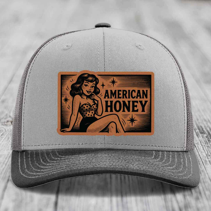 American Honey - Leather Patch Hat - Rawhide to Black Patch - Richardson 112 Snapback Trucker Hat