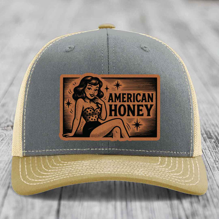 American Honey - Leather Patch Hat - Rawhide to Black Patch - Richardson 112 Snapback Trucker Hat