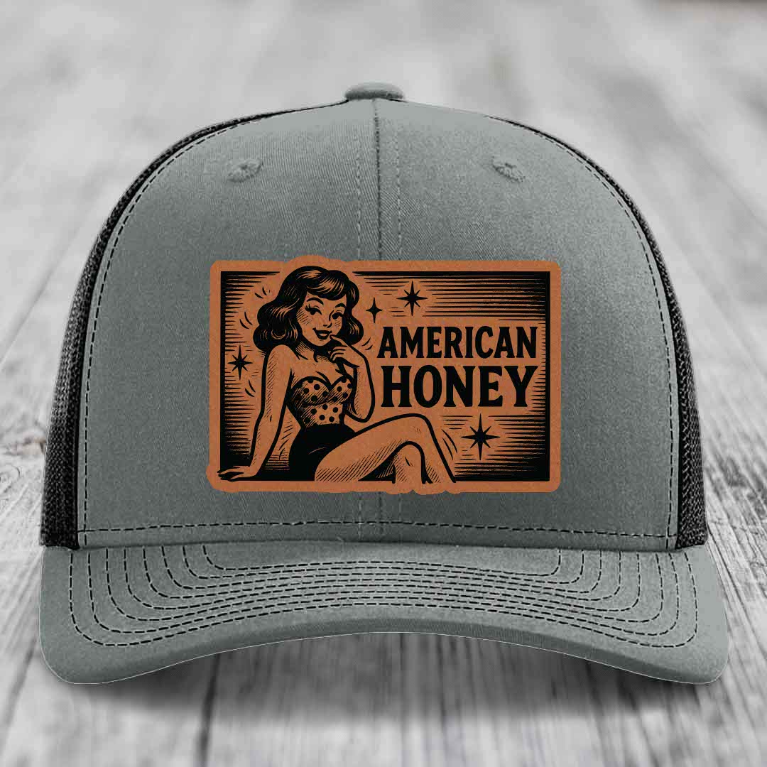 American Honey - Leather Patch Hat - Rawhide to Black Patch - Richardson 112 Snapback Trucker Hat