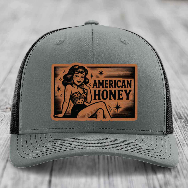 American Honey - Leather Patch Hat - Rawhide to Black Patch - Richardson 112 Snapback Trucker Hat