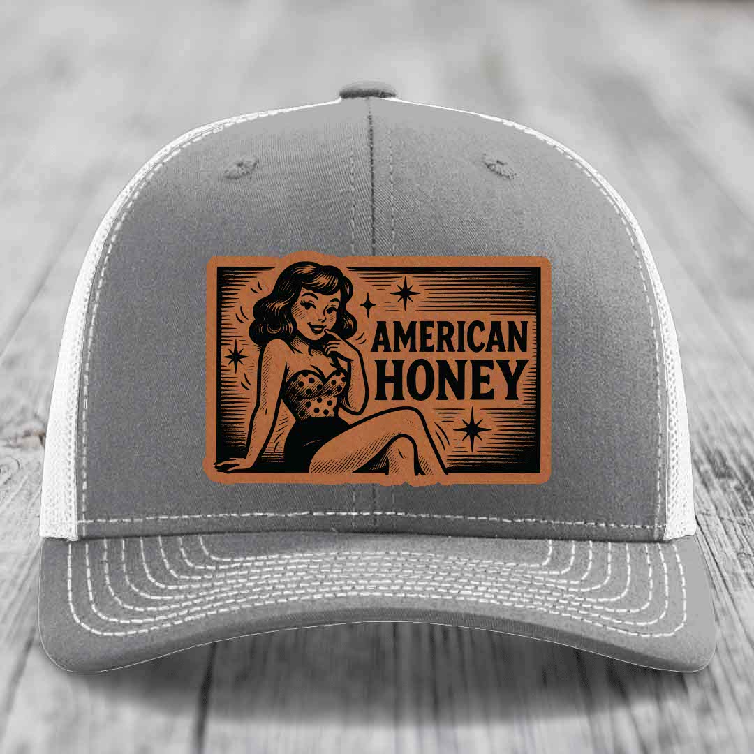 American Honey - Leather Patch Hat - Rawhide to Black Patch - Richardson 112 Snapback Trucker Hat