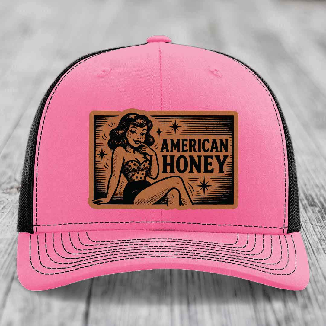 American Honey - Leather Patch Hat - Rawhide to Black Patch - Richardson 112 Snapback Trucker Hat