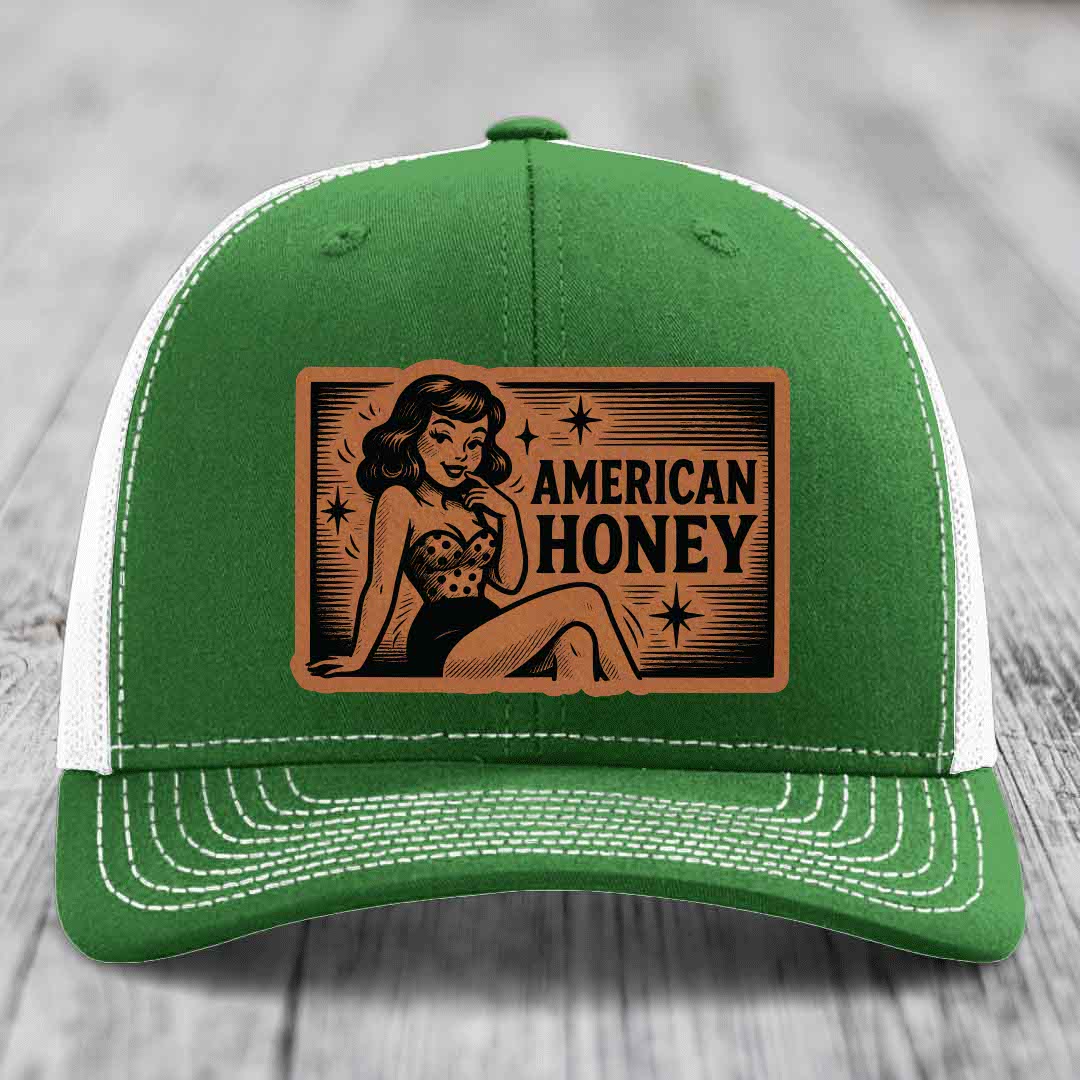American Honey - Leather Patch Hat - Rawhide to Black Patch - Richardson 112 Snapback Trucker Hat