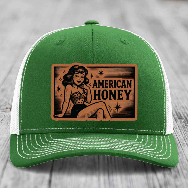 American Honey - Leather Patch Hat - Rawhide to Black Patch - Richardson 112 Snapback Trucker Hat
