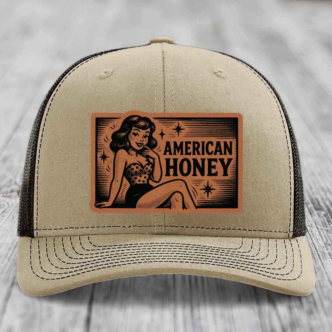 American Honey - Leather Patch Hat - Rawhide to Black Patch - Richardson 112 Snapback Trucker Hat