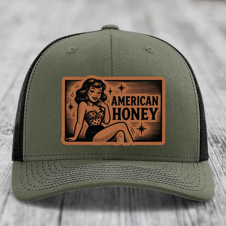 American Honey - Leather Patch Hat - Rawhide to Black Patch - Richardson 112 Snapback Trucker Hat