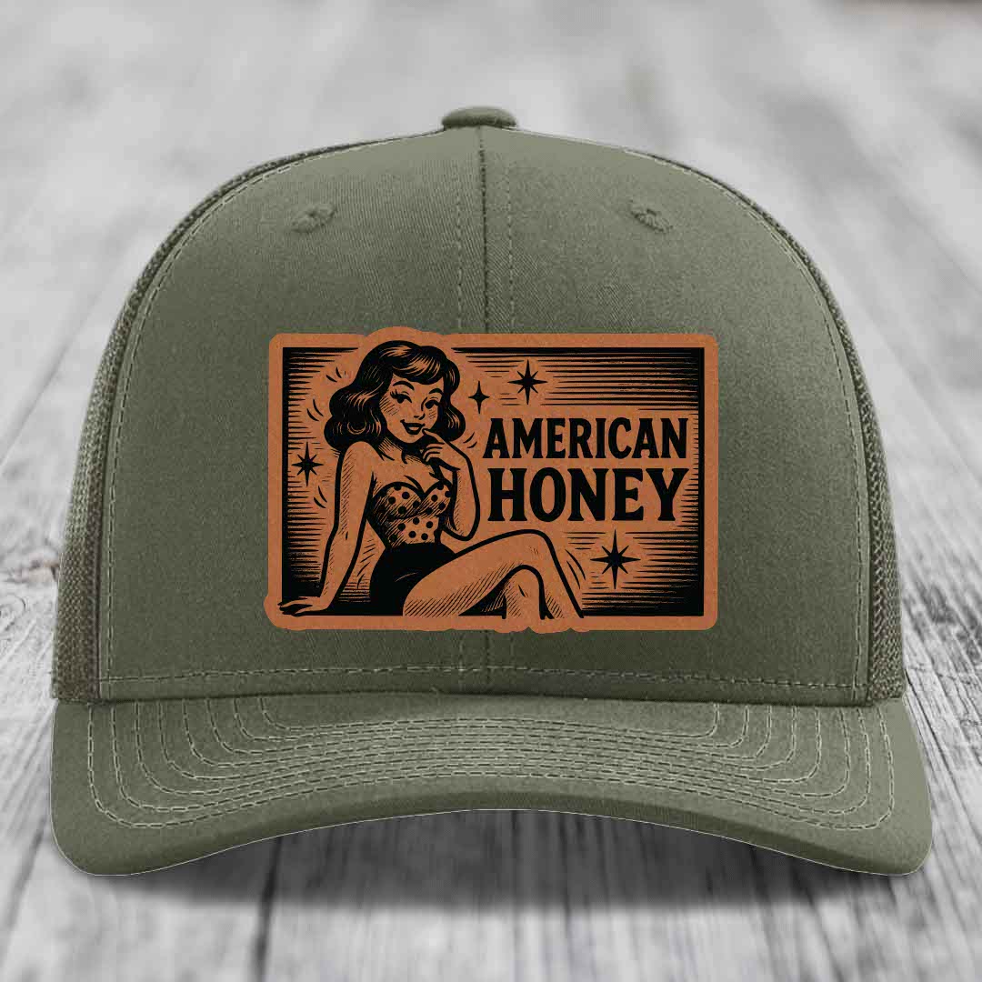 American Honey - Leather Patch Hat - Rawhide to Black Patch - Richardson 112 Snapback Trucker Hat