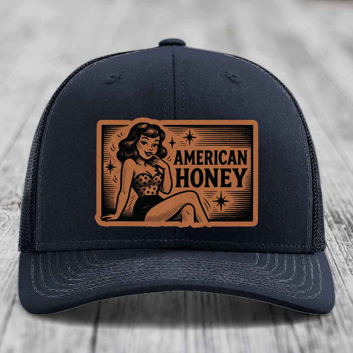American Honey - Leather Patch Hat - Rawhide to Black Patch - Richardson 112 Snapback Trucker Hat