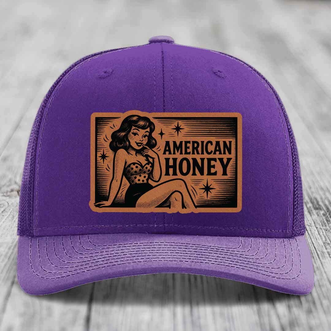 American Honey - Leather Patch Hat - Rawhide to Black Patch - Richardson 112 Snapback Trucker Hat