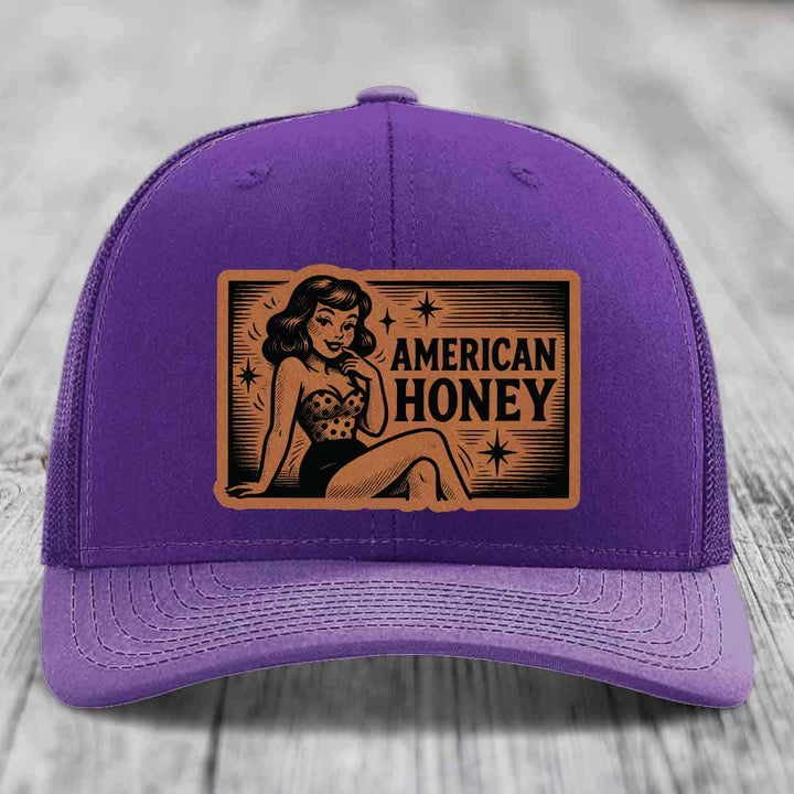 American Honey - Leather Patch Hat - Rawhide to Black Patch - Richardson 112 Snapback Trucker Hat