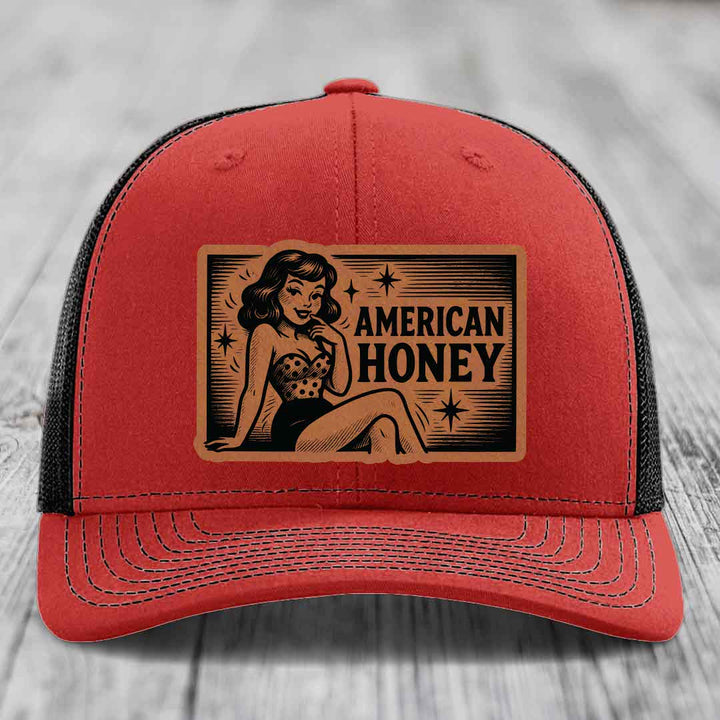 American Honey - Leather Patch Hat - Rawhide to Black Patch - Richardson 112 Snapback Trucker Hat