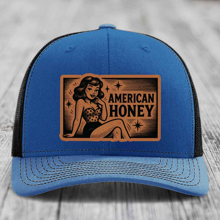 American Honey - Leather Patch Hat - Rawhide to Black Patch - Richardson 112 Snapback Trucker Hat