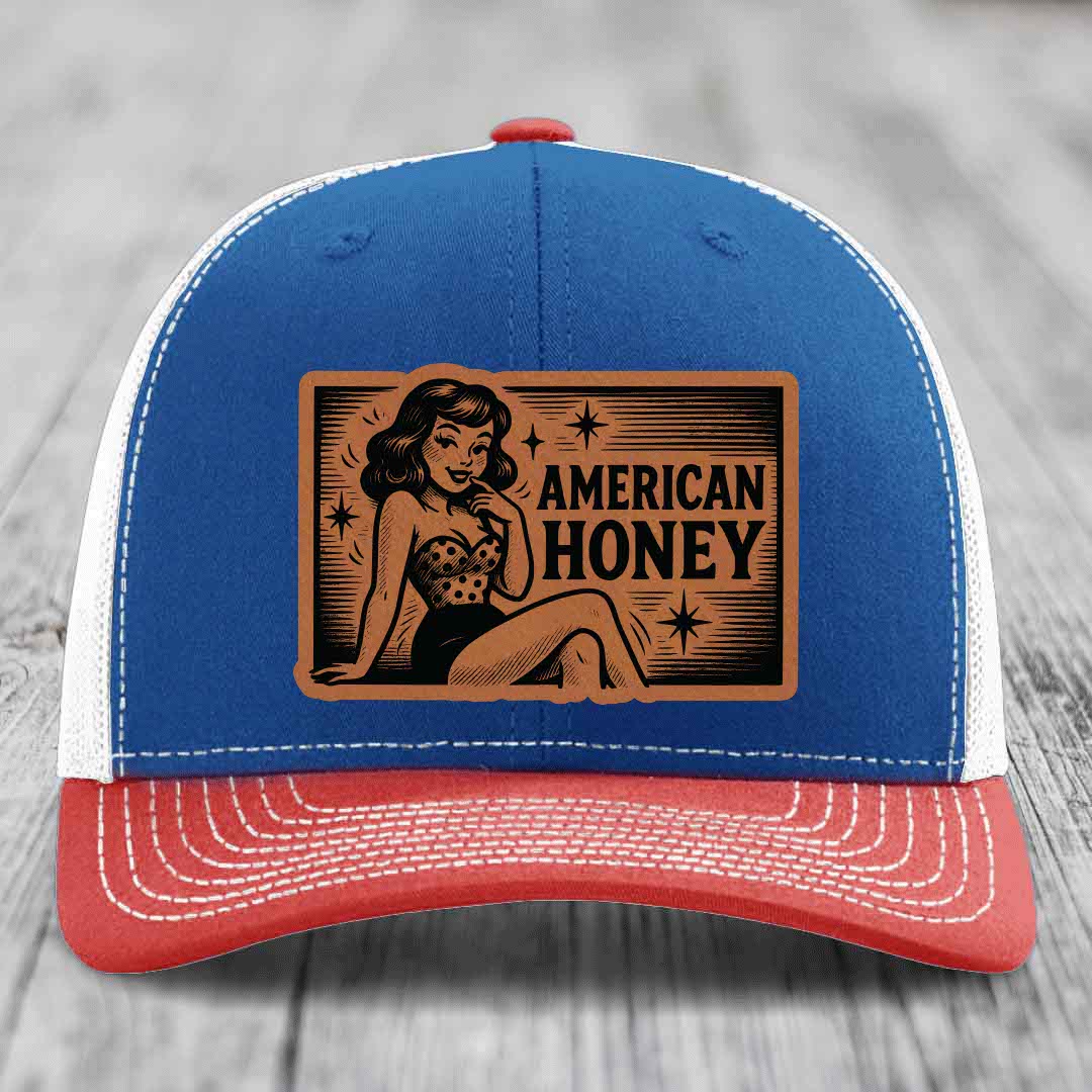 American Honey - Leather Patch Hat - Rawhide to Black Patch - Richardson 112 Snapback Trucker Hat
