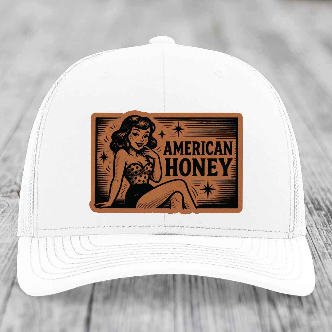 American Honey - Leather Patch Hat - Rawhide to Black Patch - Richardson 112 Snapback Trucker Hat