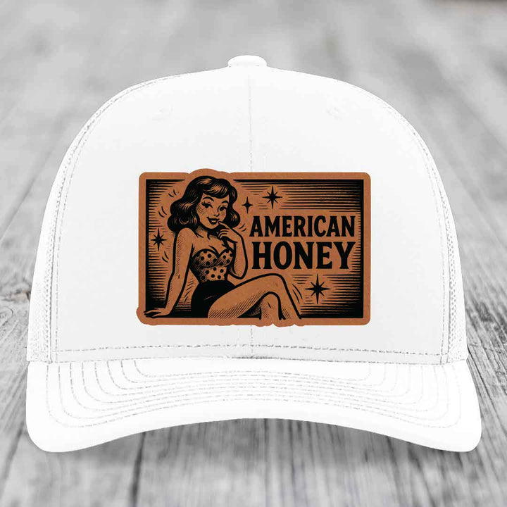 American Honey - Leather Patch Hat - Rawhide to Black Patch - Richardson 112 Snapback Trucker Hat