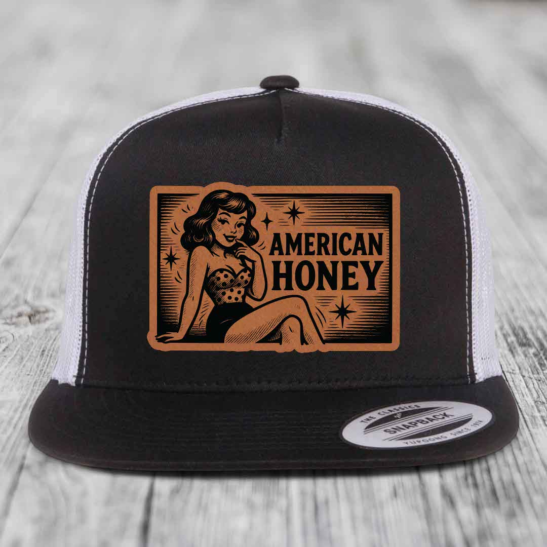 American Honey - Leather Patch Hat - Rawhide to Black Patch - Yupoong 6006 Snapback Flatbill Hat