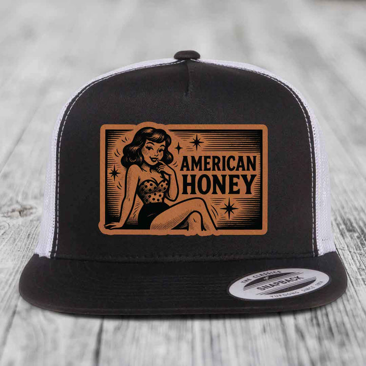 American Honey - Leather Patch Hat - Rawhide to Black Patch - Yupoong 6006 Snapback Flatbill Hat