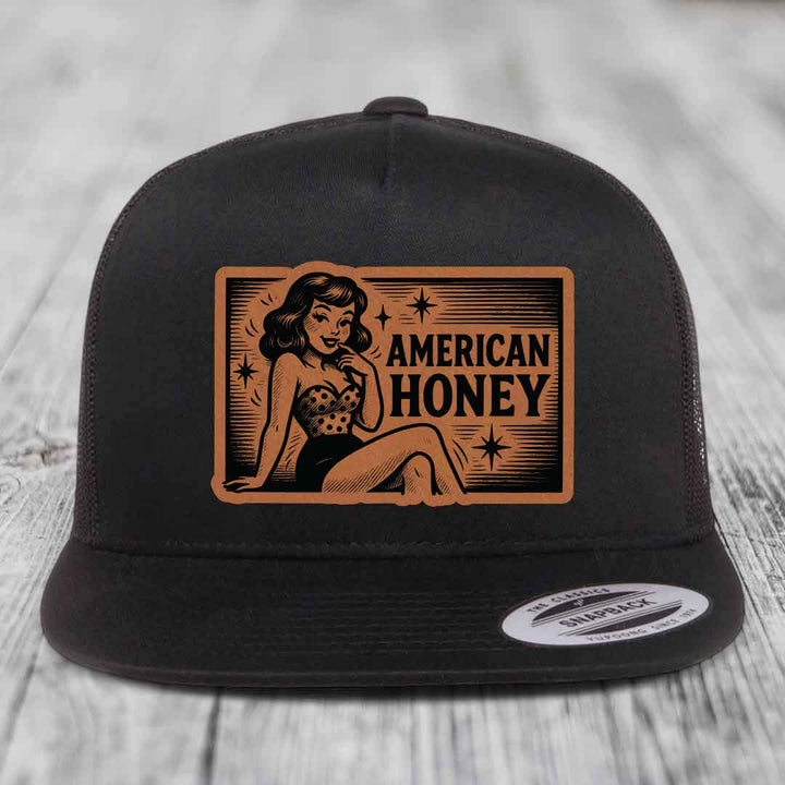American Honey - Leather Patch Hat - Rawhide to Black Patch - Yupoong 6006 Snapback Flatbill Hat