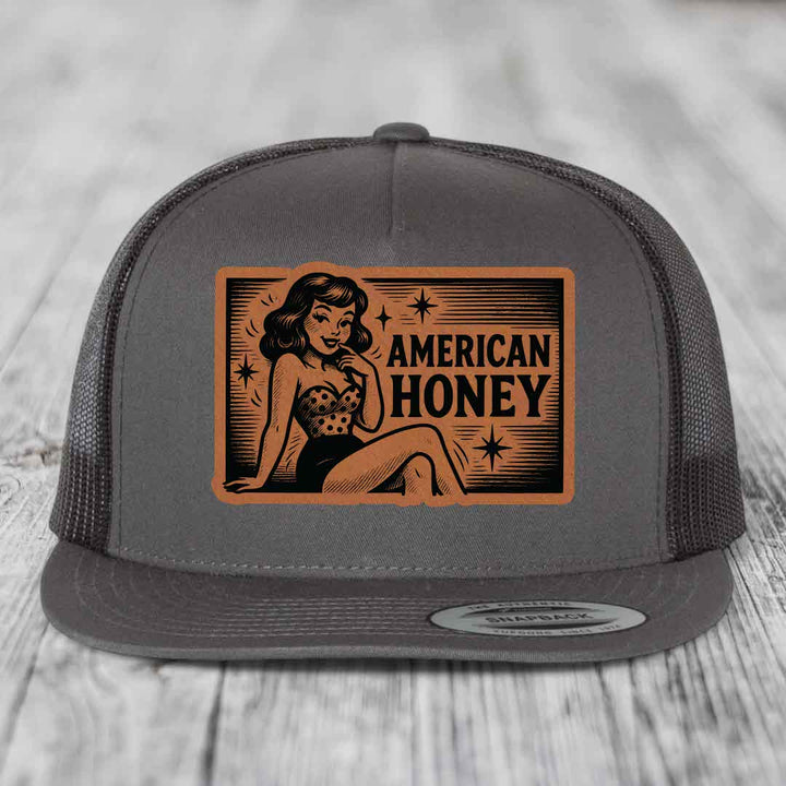American Honey - Leather Patch Hat - Rawhide to Black Patch - Yupoong 6006 Snapback Flatbill Hat