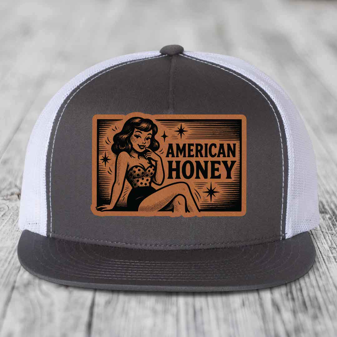 American Honey - Leather Patch Hat - Rawhide to Black Patch - Yupoong 6006 Snapback Flatbill Hat
