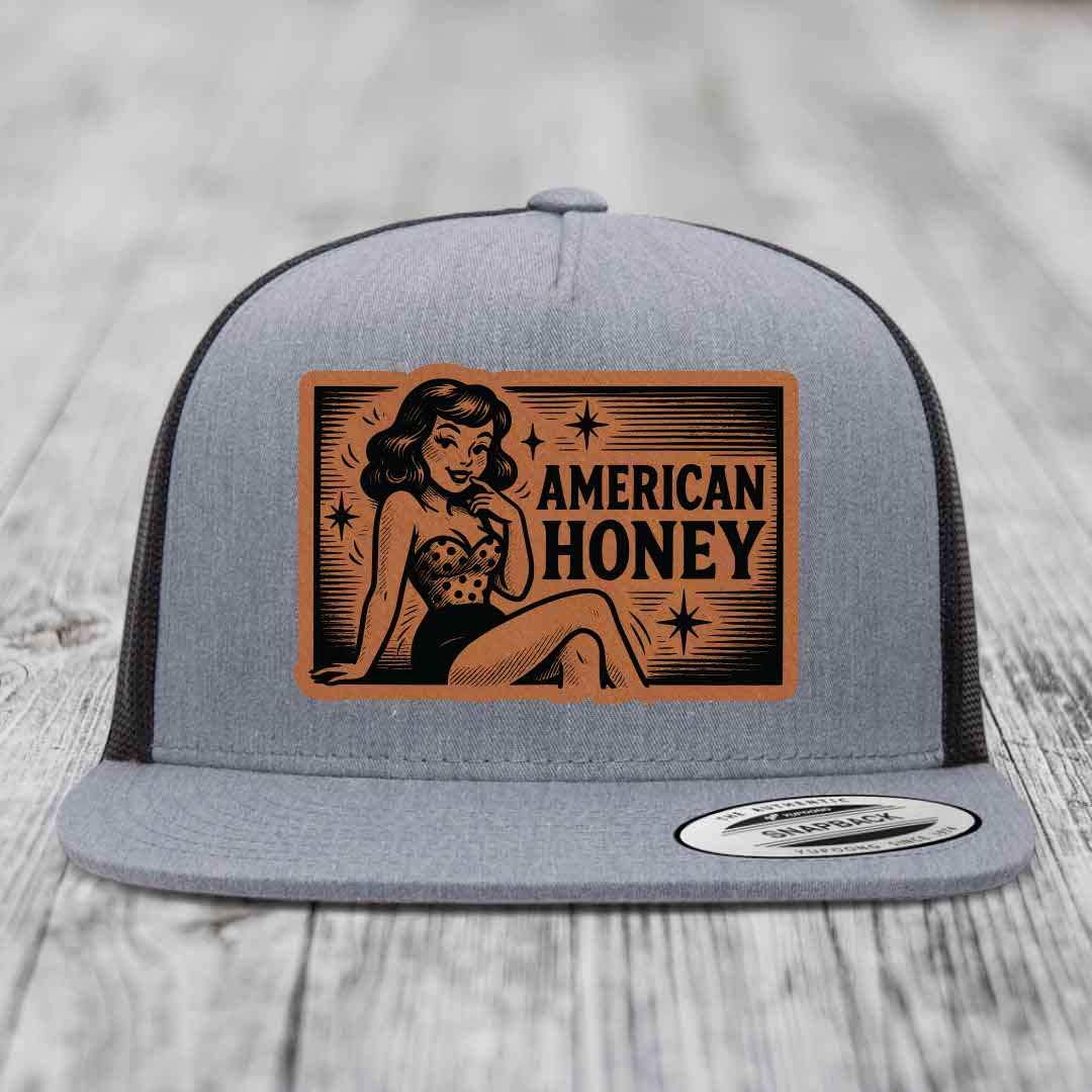 American Honey - Leather Patch Hat - Rawhide to Black Patch - Yupoong 6006 Snapback Flatbill Hat