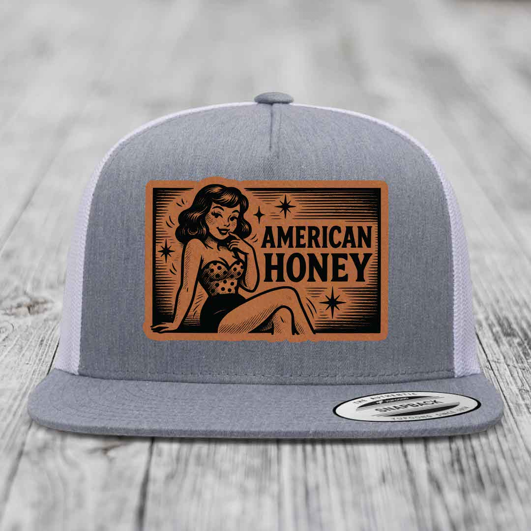 American Honey - Leather Patch Hat - Rawhide to Black Patch - Yupoong 6006 Snapback Flatbill Hat