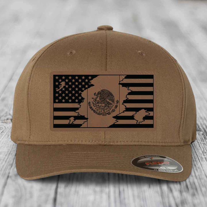 American Mexican Flag - Leather Patch Hat - Dark Brown to Black Patch - Flexfit 6277 Fitted Hat