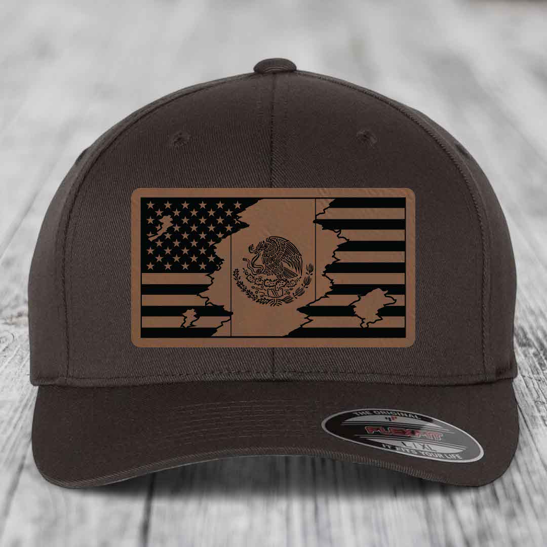 American Mexican Flag - Leather Patch Hat - Dark Brown to Black Patch - Flexfit 6277 Fitted Hat