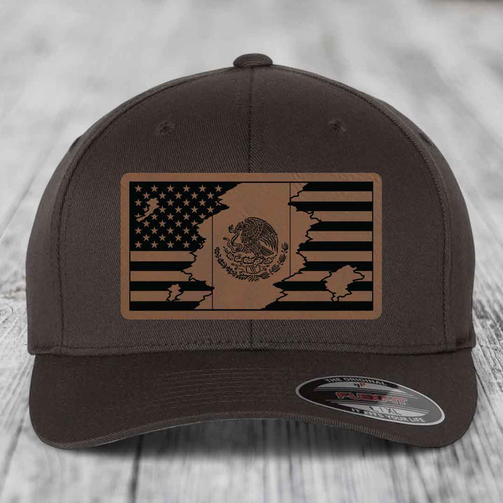 American Mexican Flag - Leather Patch Hat - Dark Brown to Black Patch - Flexfit 6277 Fitted Hat