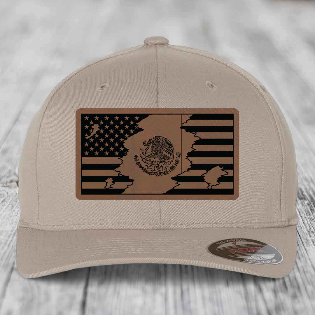 American Mexican Flag - Leather Patch Hat - Dark Brown to Black Patch - Flexfit 6277 Fitted Hat