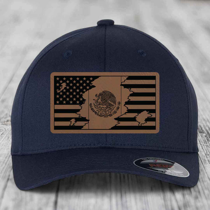 American Mexican Flag - Leather Patch Hat - Dark Brown to Black Patch - Flexfit 6277 Fitted Hat