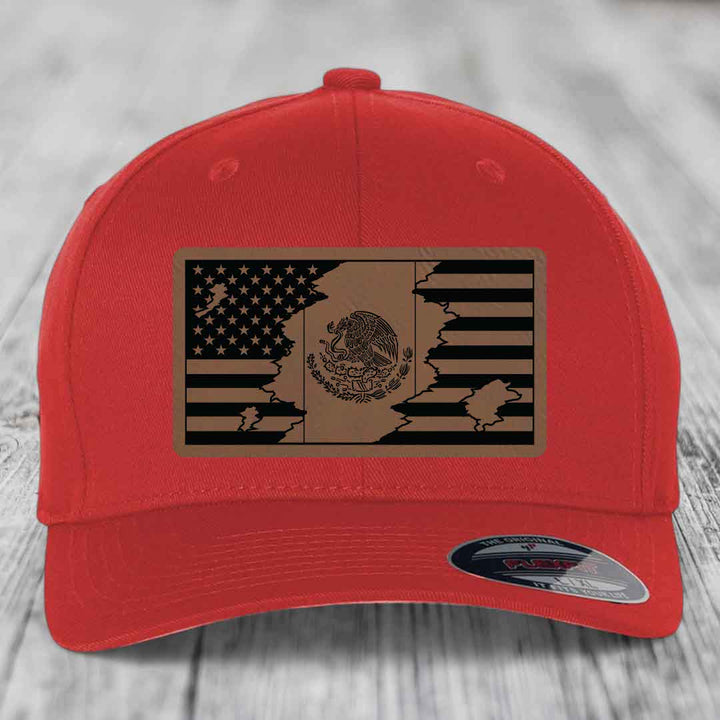 American Mexican Flag - Leather Patch Hat - Dark Brown to Black Patch - Flexfit 6277 Fitted Hat