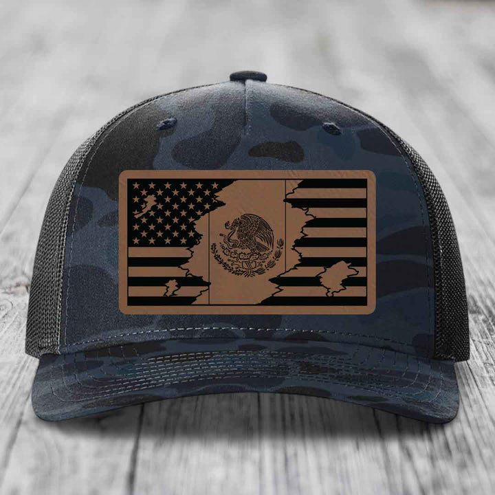 American Mexican Flag - Leather Patch Hat - Dark Brown to Black Patch - Richardson 112PFP Snapback Trucker Hat