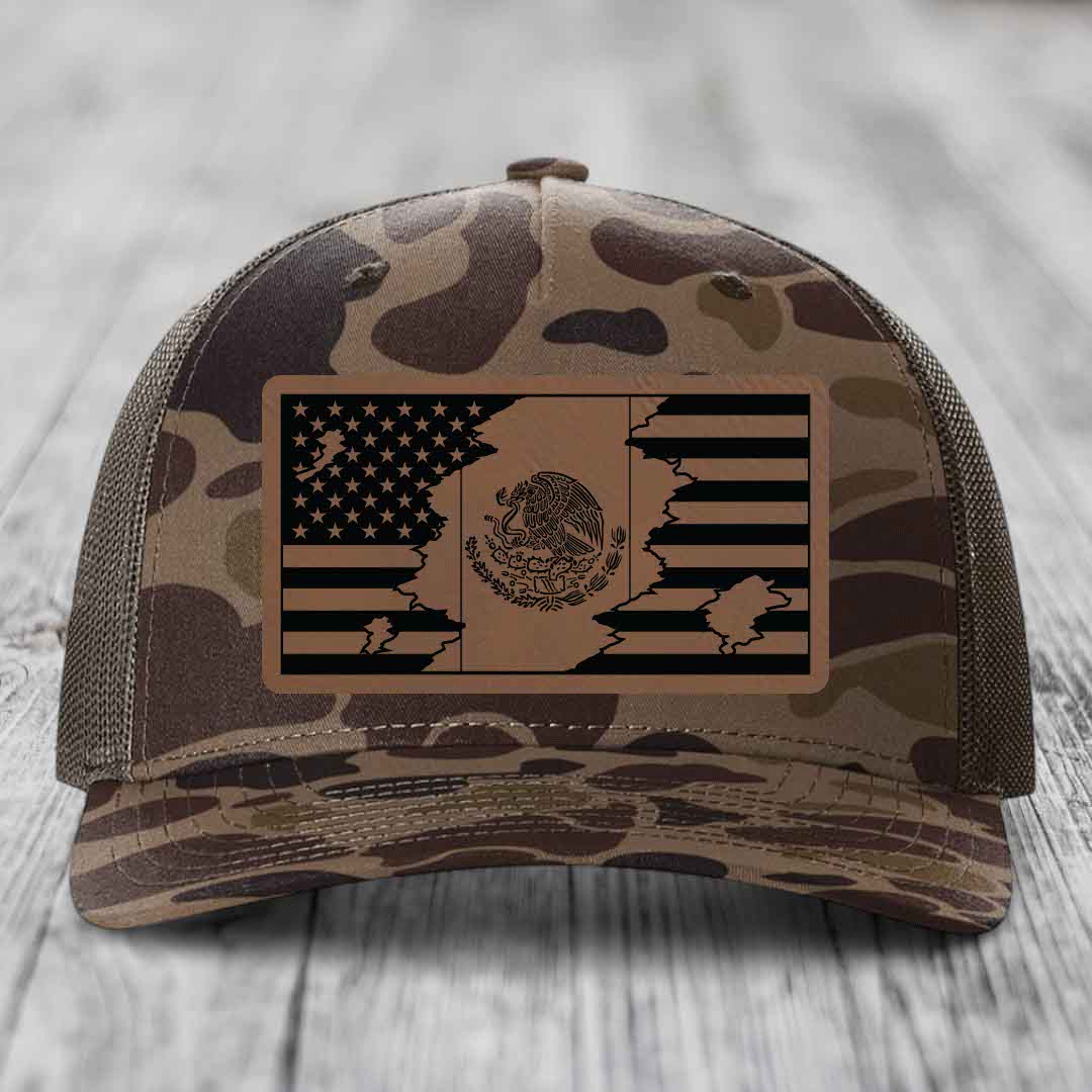 American Mexican Flag - Leather Patch Hat - Dark Brown to Black Patch - Richardson 112PFP Snapback Trucker Hat