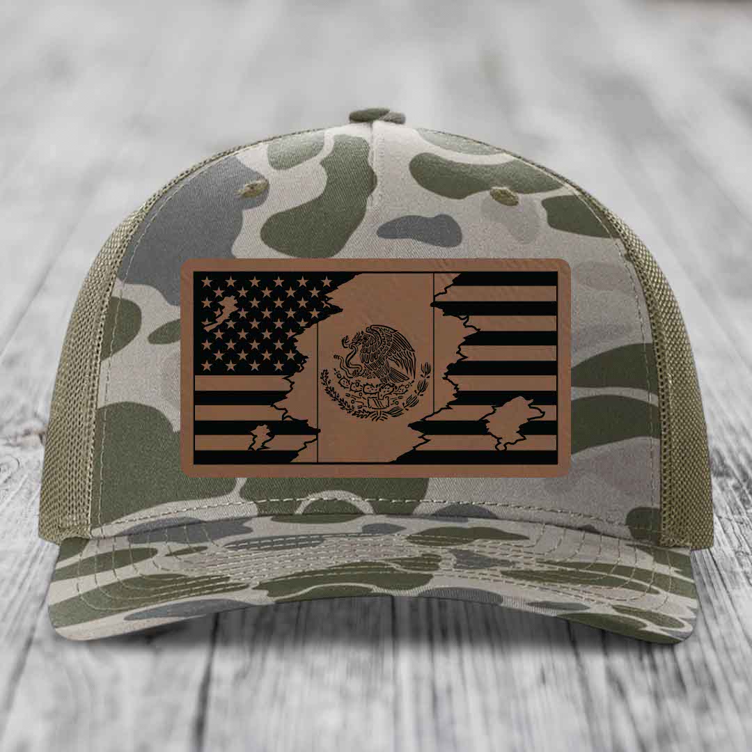 American Mexican Flag - Leather Patch Hat - Dark Brown to Black Patch - Richardson 112PFP Snapback Trucker Hat