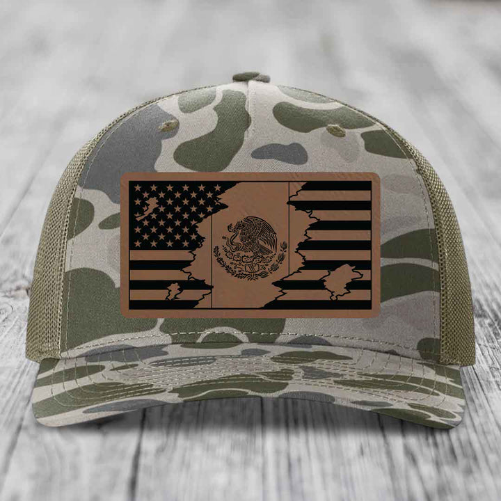 American Mexican Flag - Leather Patch Hat - Dark Brown to Black Patch - Richardson 112PFP Snapback Trucker Hat