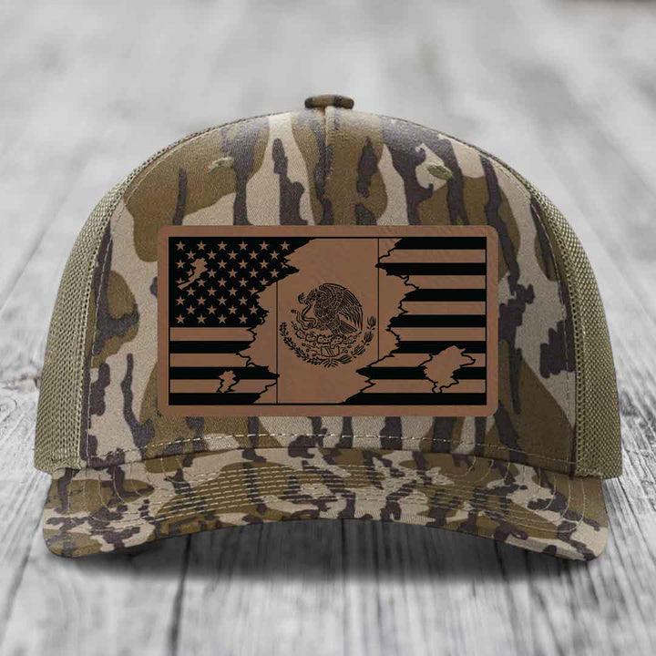 American Mexican Flag - Leather Patch Hat - Dark Brown to Black Patch - Richardson 112PFP Snapback Trucker Hat