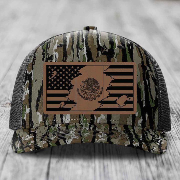 American Mexican Flag - Leather Patch Hat - Dark Brown to Black Patch - Richardson 112PFP Snapback Trucker Hat
