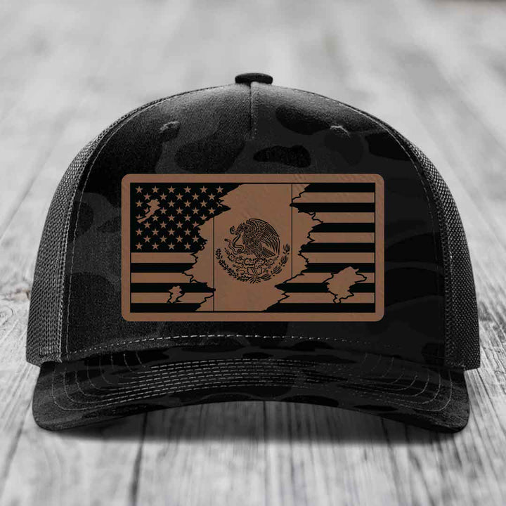 American Mexican Flag - Leather Patch Hat - Dark Brown to Black Patch - Richardson 112PFP Snapback Trucker Hat
