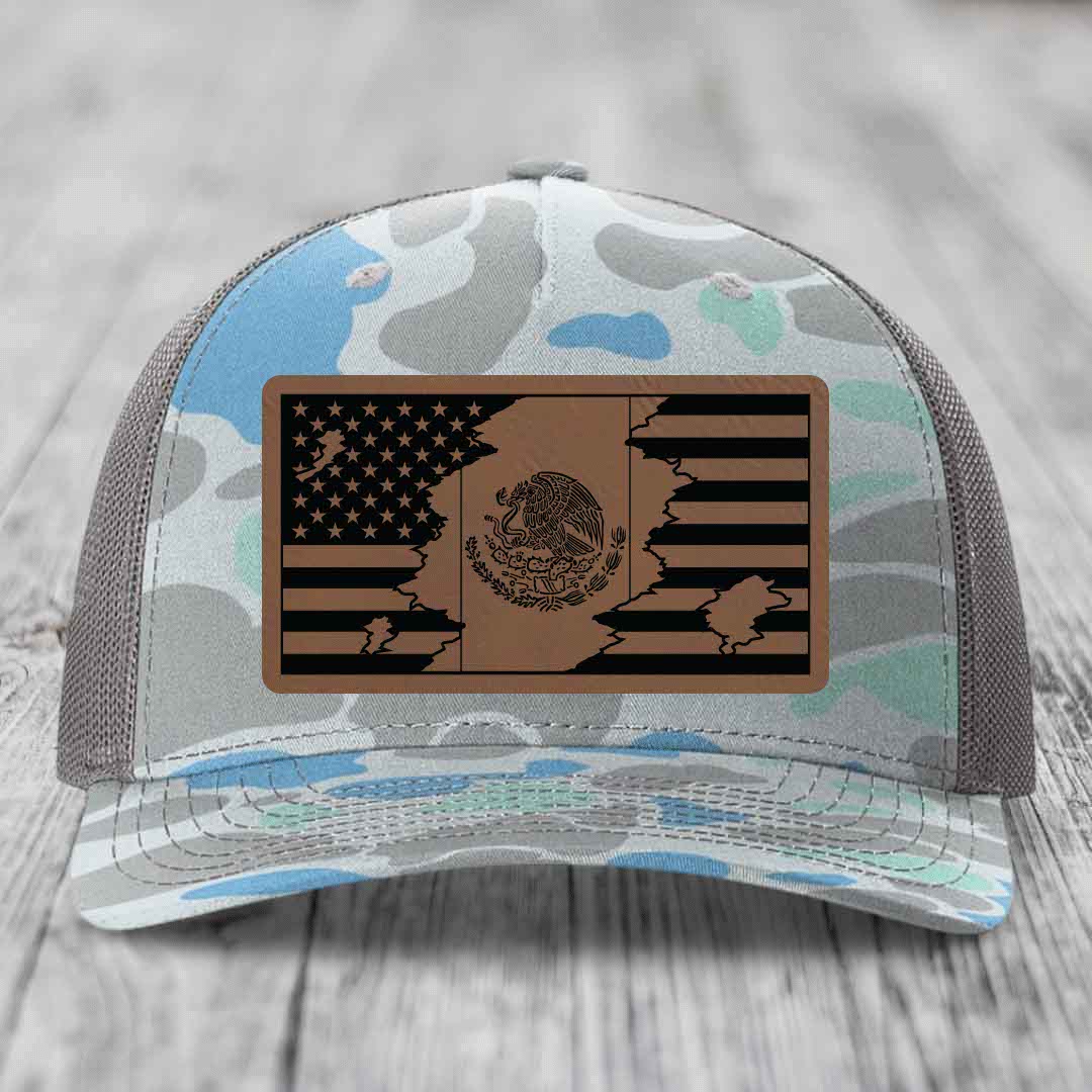 American Mexican Flag - Leather Patch Hat - Dark Brown to Black Patch - Richardson 112PFP Snapback Trucker Hat