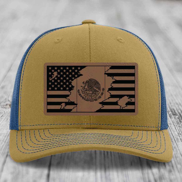 American Mexican Flag - Leather Patch Hat - Dark Brown to Black Patch - Richardson 112 Snapback Trucker Hat