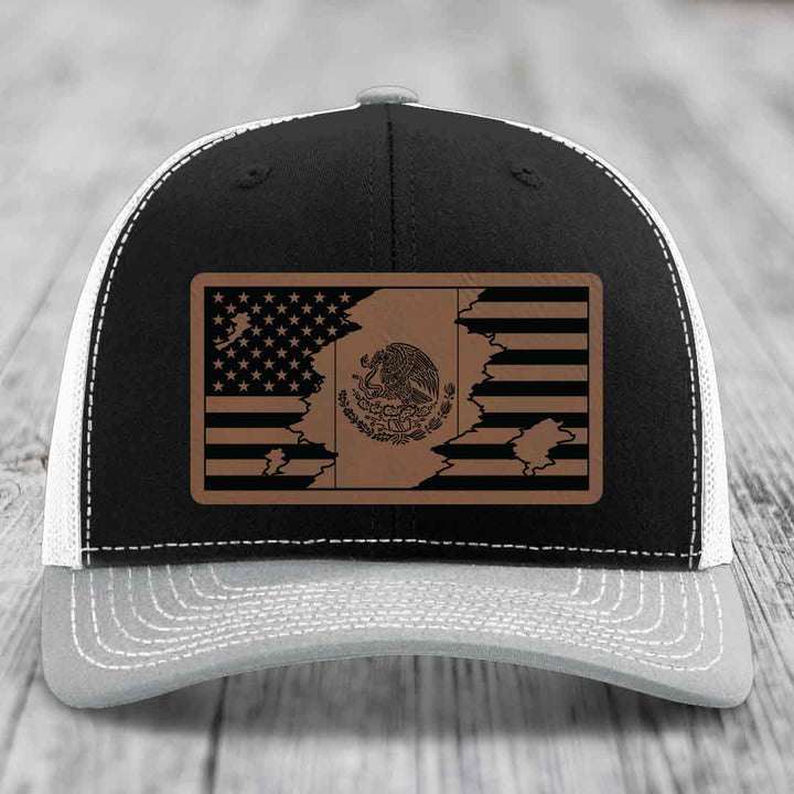 American Mexican Flag - Leather Patch Hat - Dark Brown to Black Patch - Richardson 112 Snapback Trucker Hat