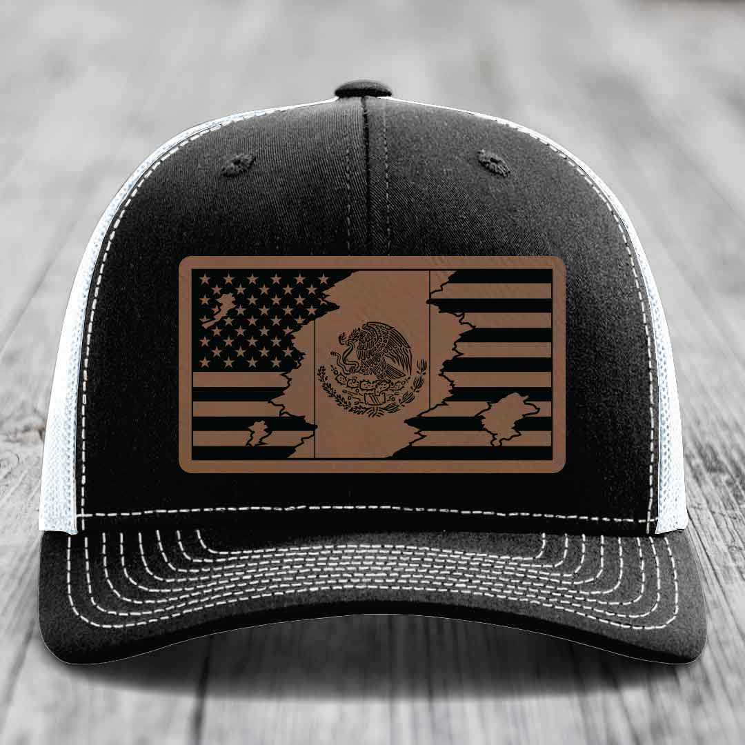 American Mexican Flag - Leather Patch Hat - Dark Brown to Black Patch - Richardson 112 Snapback Trucker Hat