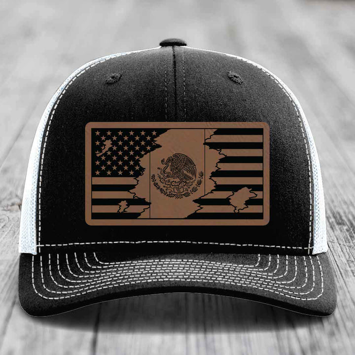 American Mexican Flag - Leather Patch Hat - Dark Brown to Black Patch - Richardson 112 Snapback Trucker Hat